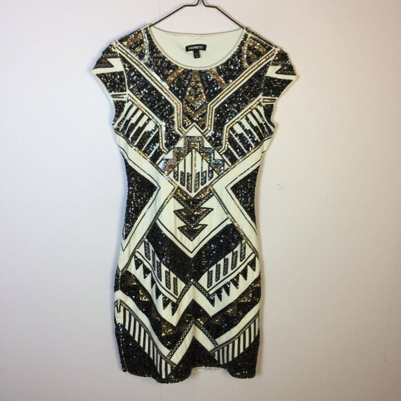 Express Mini Bodycon Dress Size XS Womans Black Gold Sequin Geometric Cap Sleeve - Picture 1 of 13